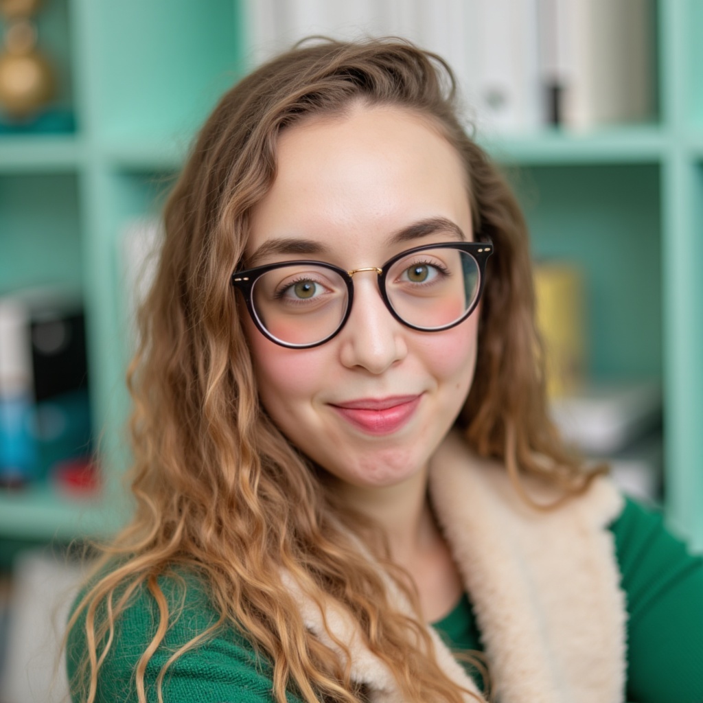 Junge Frau mit Brille lächelt vor Bücherregal - Ihr Ansprechpartner für günstige Bestattungen bei YANA Genossenschaft.